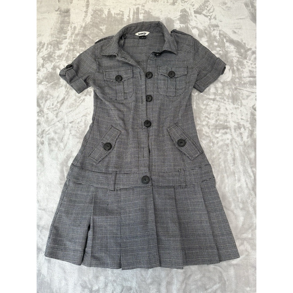 Kensie Girl Dress Womens Size 3 Gray Short Sleeve Pleated Mid Thigh‎ Buttons EUC